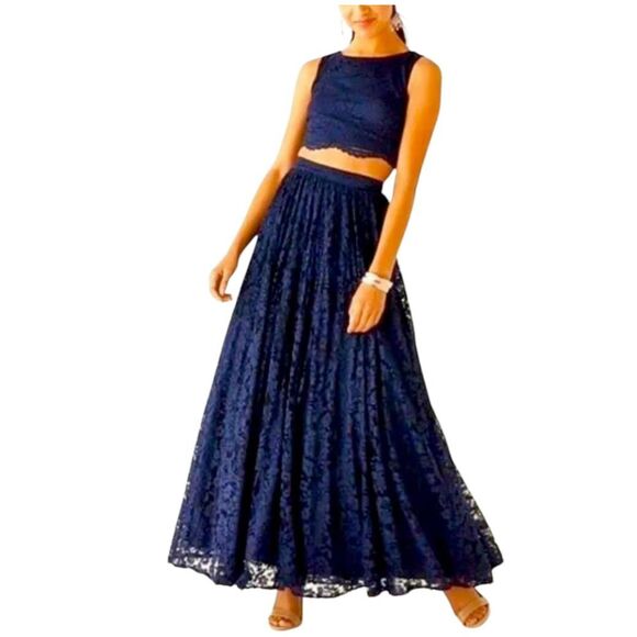 Formal Dark Blue Lace 2 Piece Crop Top Full Maxi Skirt Gown Long Dress Designer - Picture 15 of 15